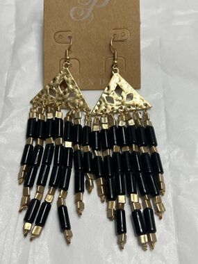 Gold & Black Beaded Fringe Triangle Dangle Chandelier Earrings New Plunder